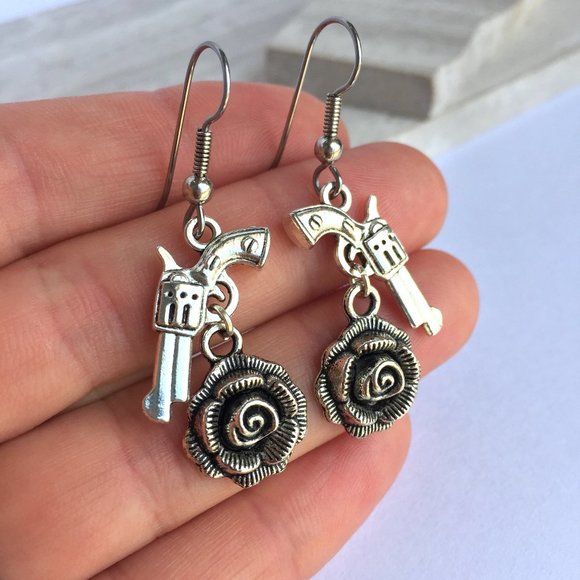 Silver Guns & Roses Earrings - Picture 3 of 3